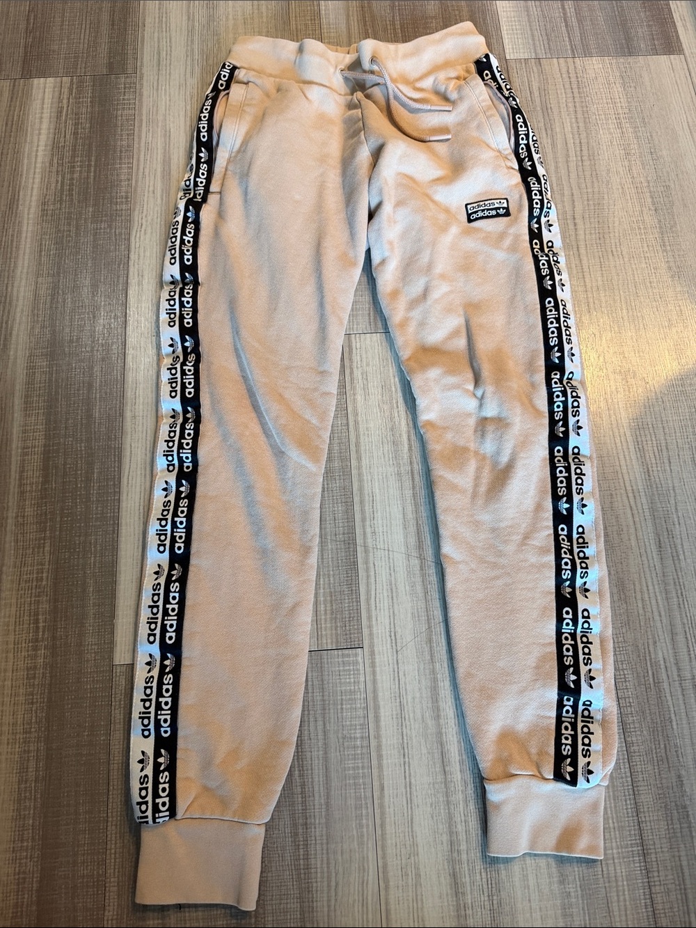 adidas Beige Track Joggers with Black-and-White Logo Tape